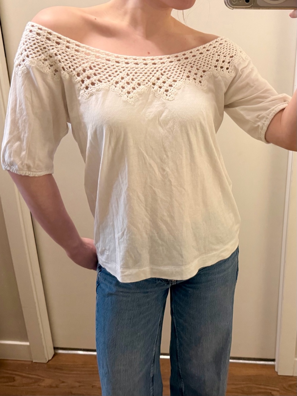 American Eagle Outfitters Crochet-Yoke Off-Shoulder Top — Cream